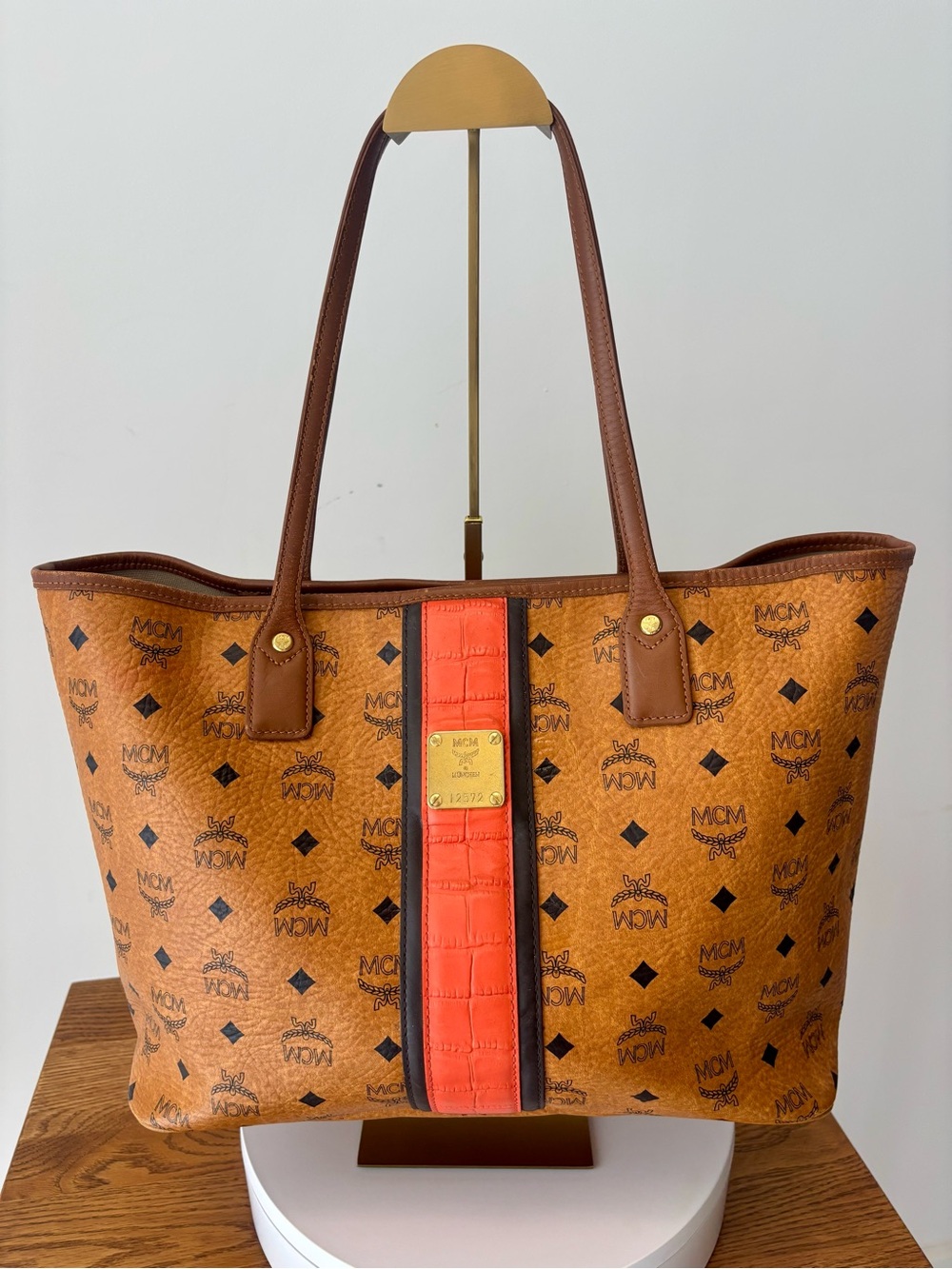 MCM Cognac Visetos Tote with Orange Center Stripe